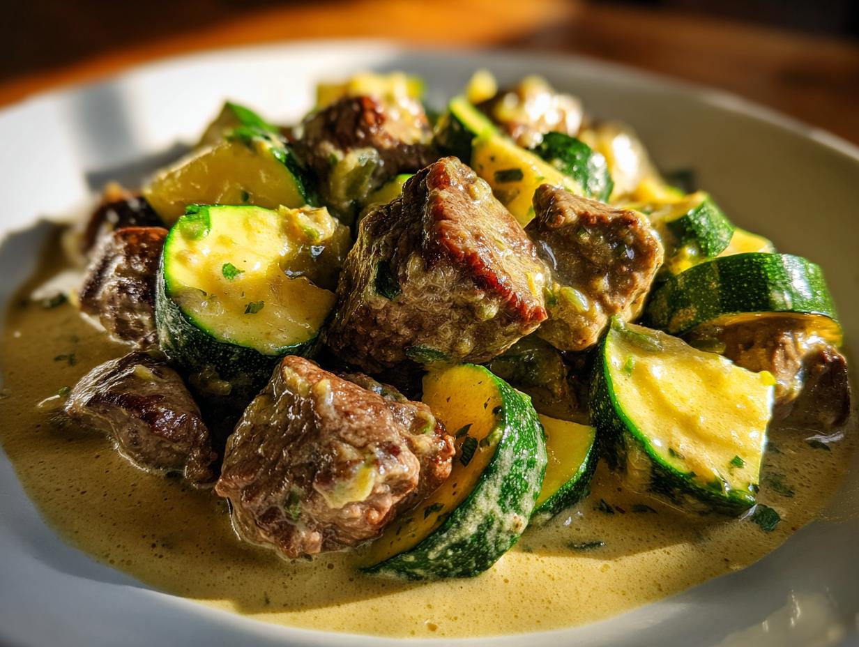 Carne de Res en Salsa Poblana y Calabacitas