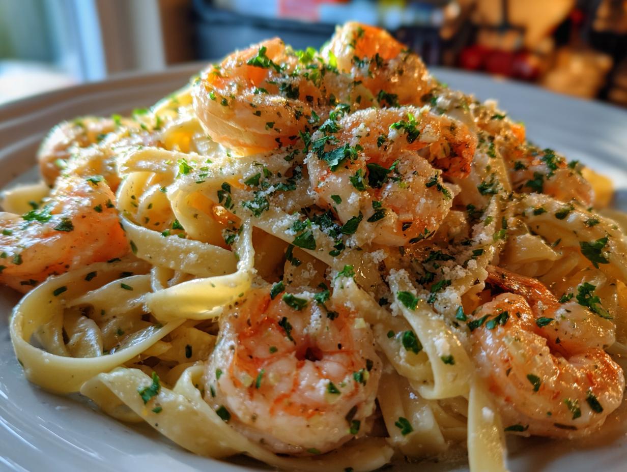 Pasta Alfredo con camarones